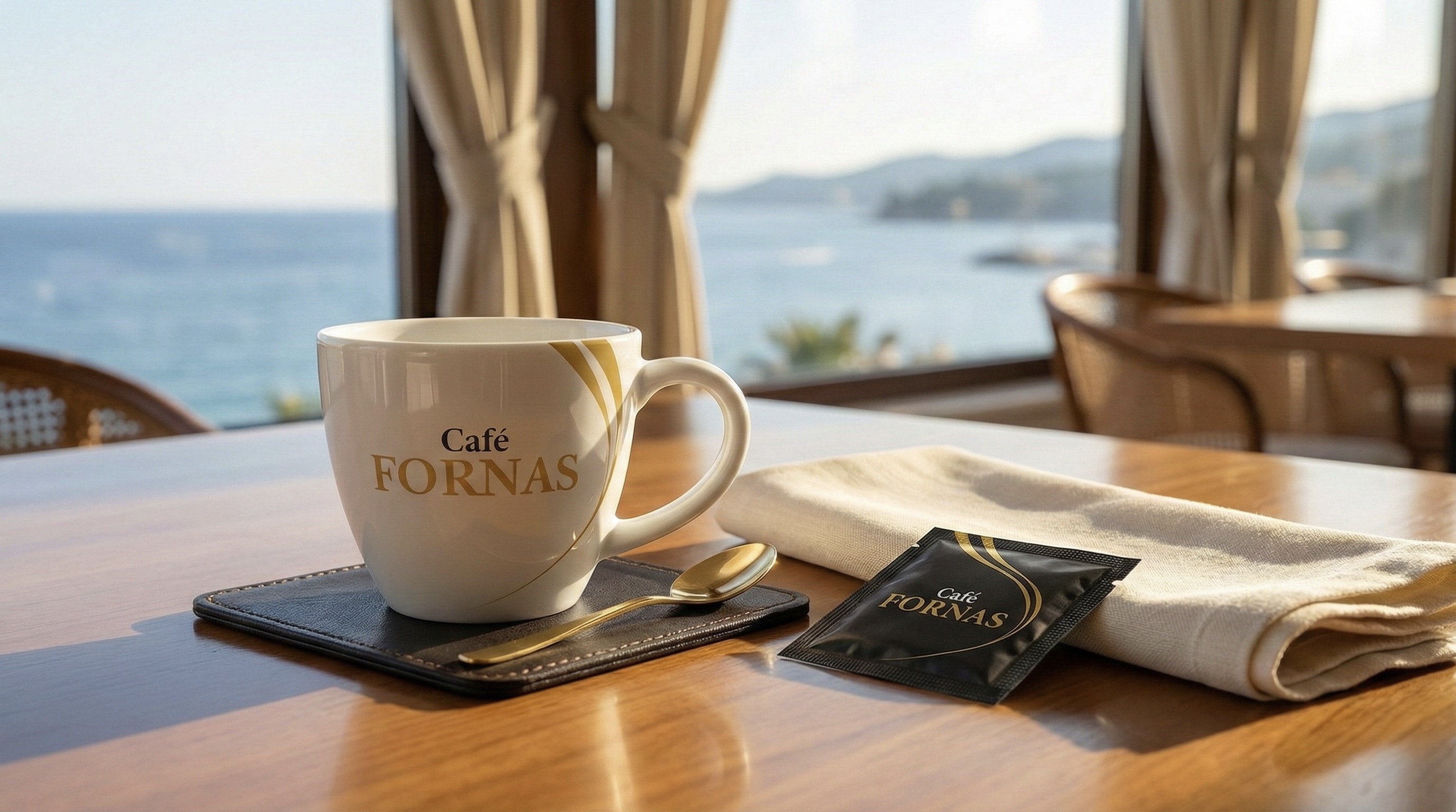 Café Fornas servido en taza elegante junto a accesorios premium - cucharita dorada, posavaso de cuero y sobre de azúcar Café Fornas, con vista al mar mediterraneo