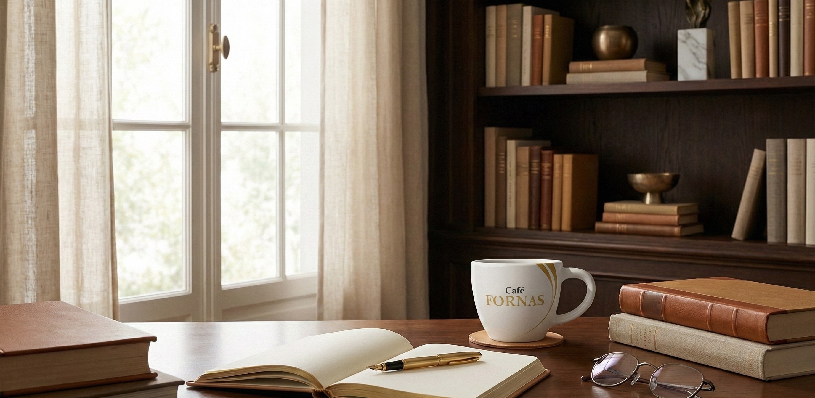 Café Fornas en una biblioteca elegante, un ritual de claridad, herencia y vida intencional