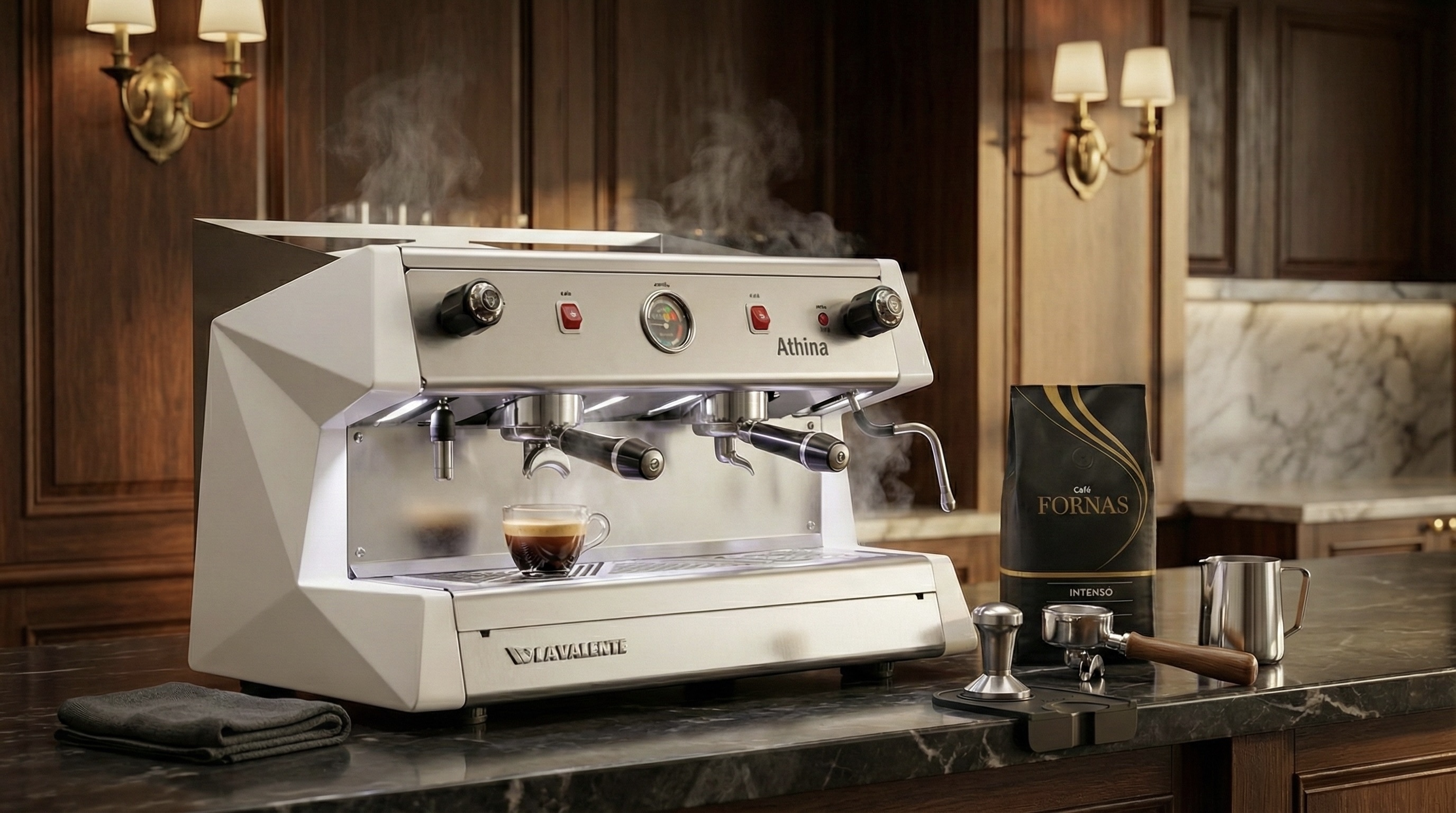 Máquina de espresso Athina en un espacio clásico con herramientas de barista y Café Fornas Intenso, representando precisión, oficio y la calidad que sostiene cada ritual del café.