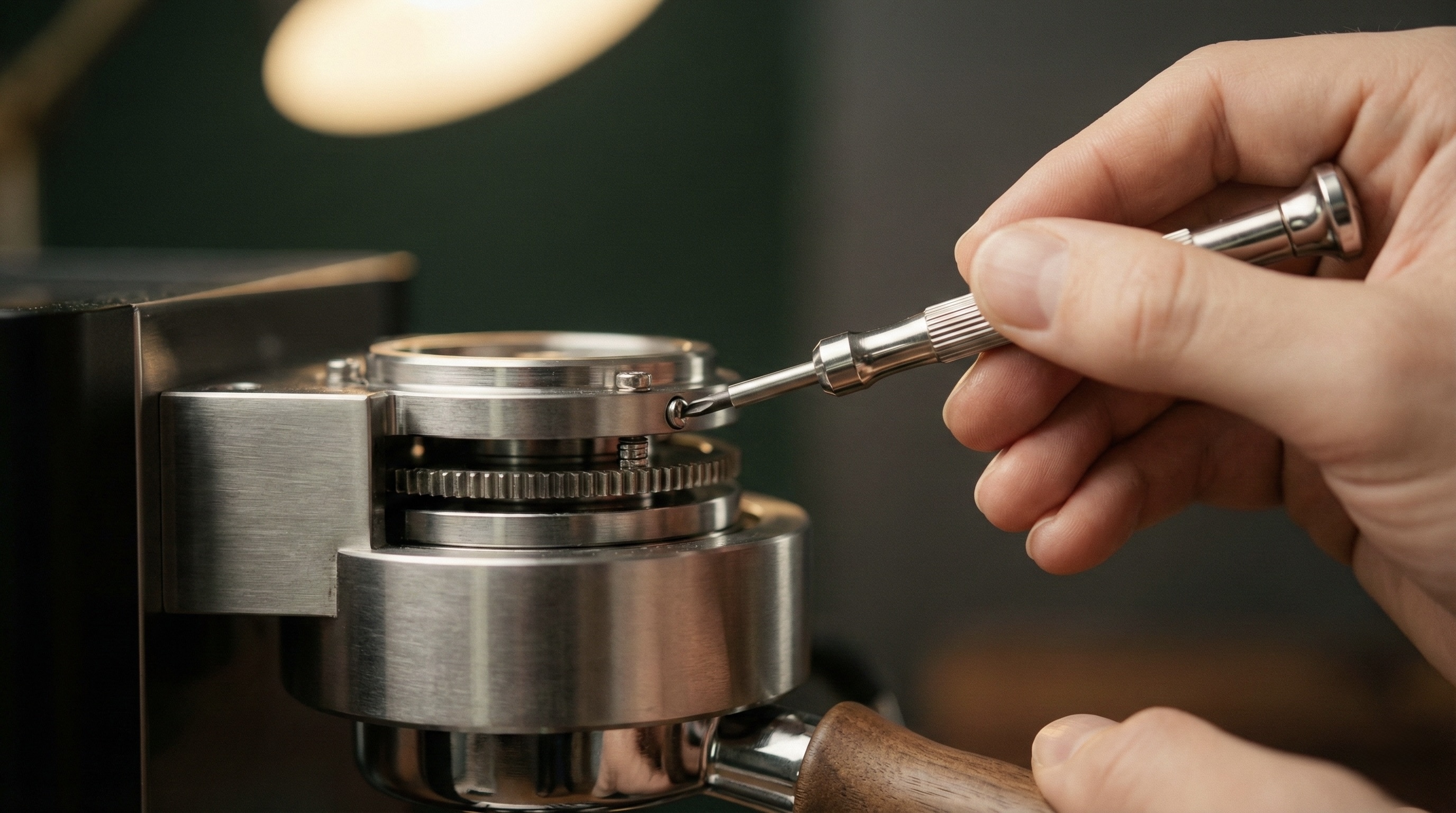 manos ajustando un mecanismo metálico de una máquina de café con herramientas de precisión.