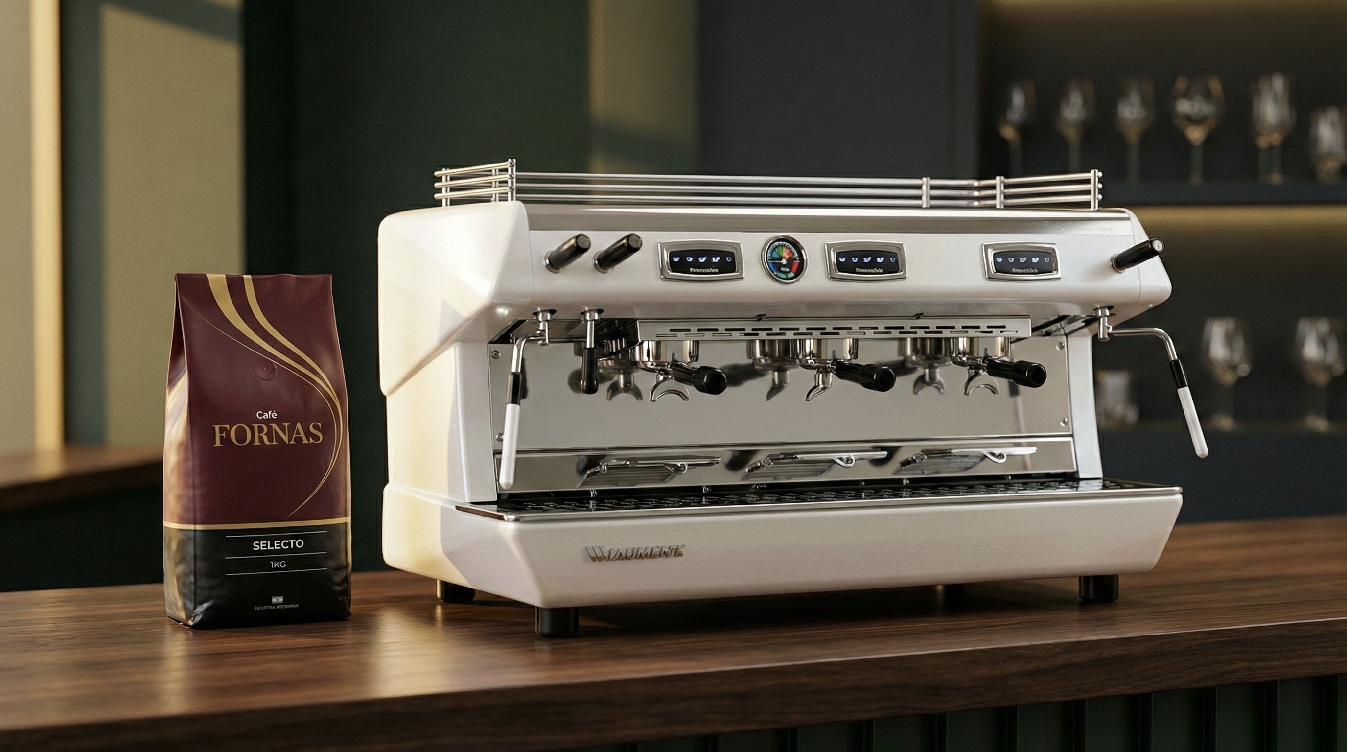 Cafetera profesional La Valente con bolsa de Café Fornas Selecto sobre barra de madera de ambiente premium.