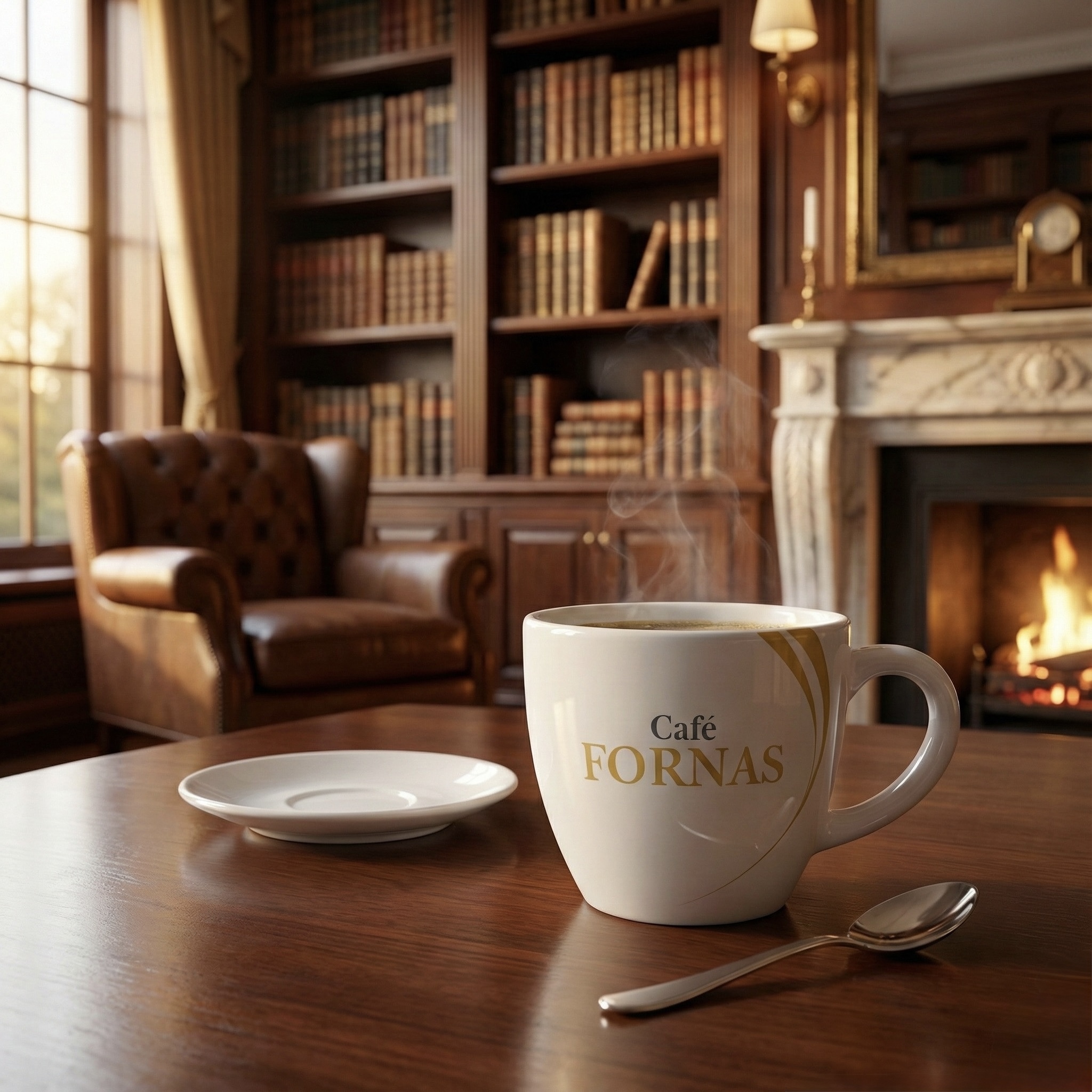 café fornas en una biblioteca clásica con chimenea, símbolo de ritual, claridad, y decisiones con peso