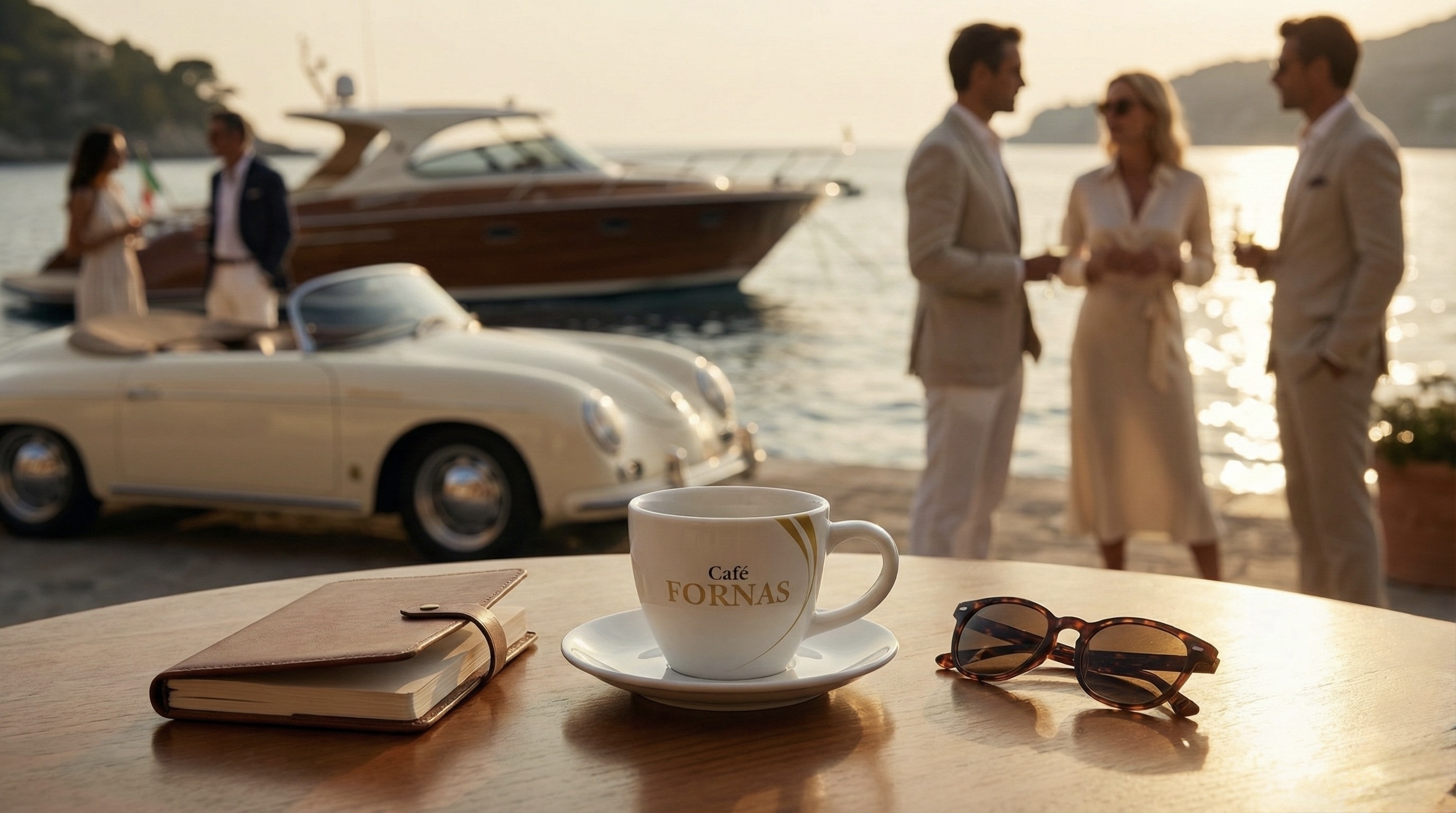 Encuentro privado junto al mar con Café Fornas, autos clásicos y ambiente old money que refleja reuniones selectas y momentos con intención.