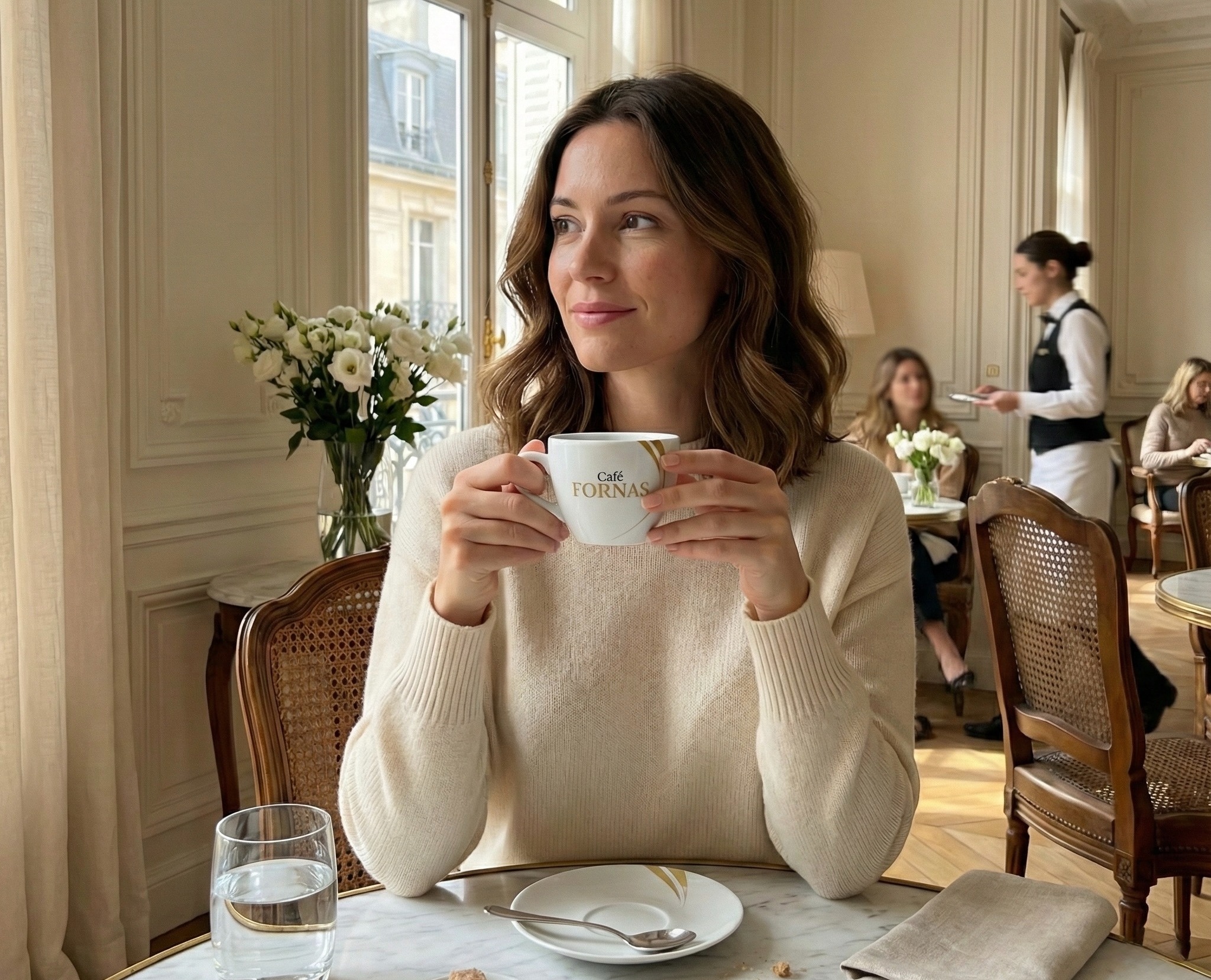 Sara tomando café fornas en cafeteria
