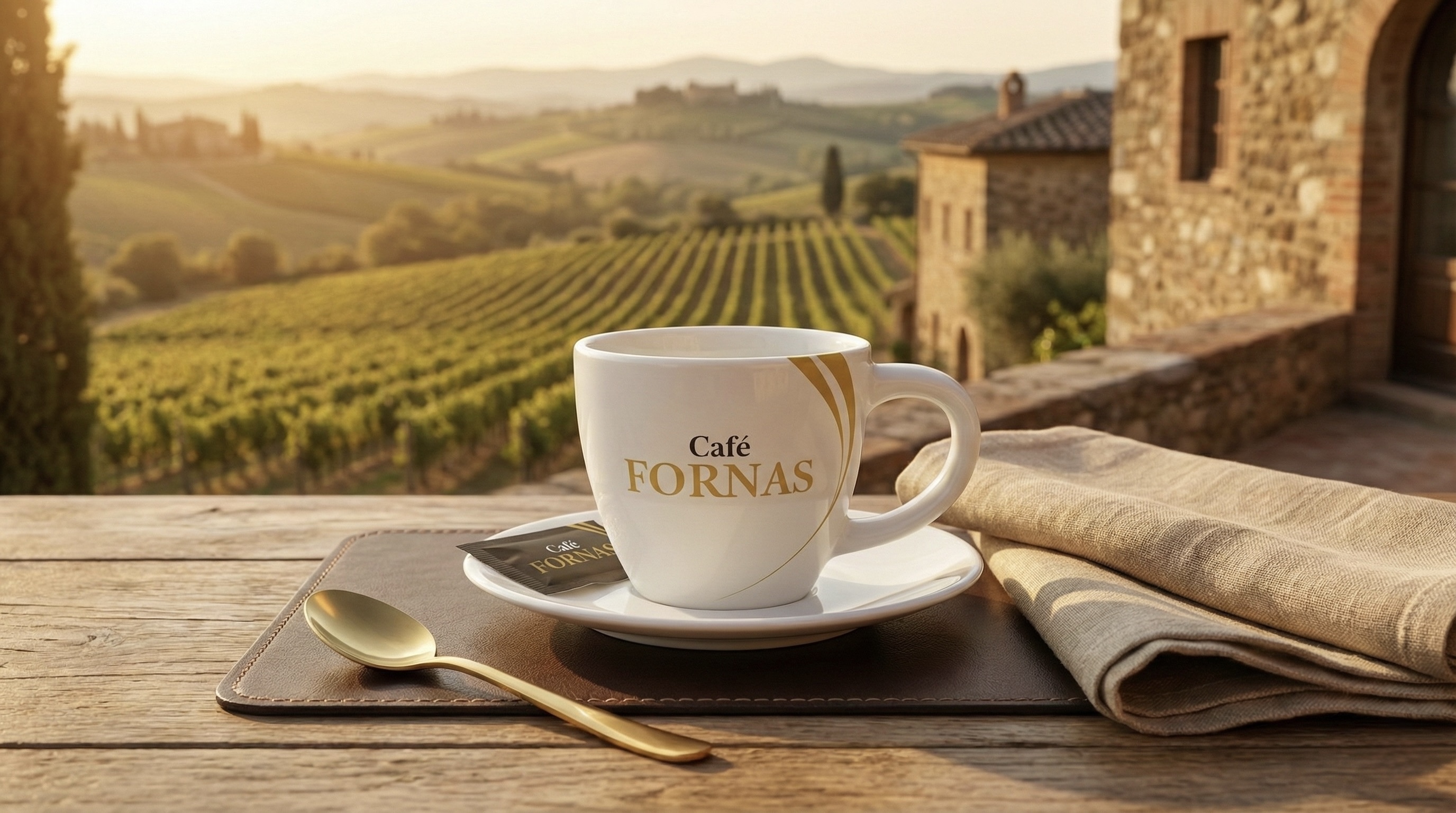 Taza Café Fornas en terraza con vista a viñedos, símbolo de calma, elegancia y ritual cotidiano.